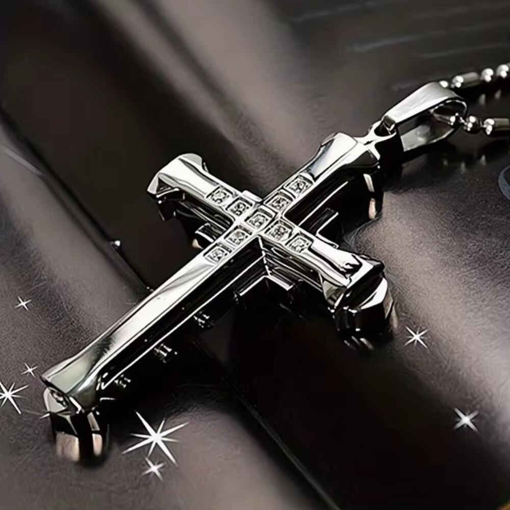 Polished Steel Cross Necklace | 24in 3mm Box Chain | CZ Accents